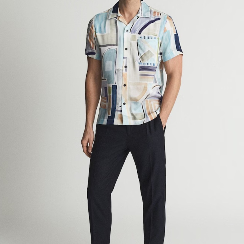 Reiss Abstract Watercolor Camp Shirt - Light Blue, Navy, Beige